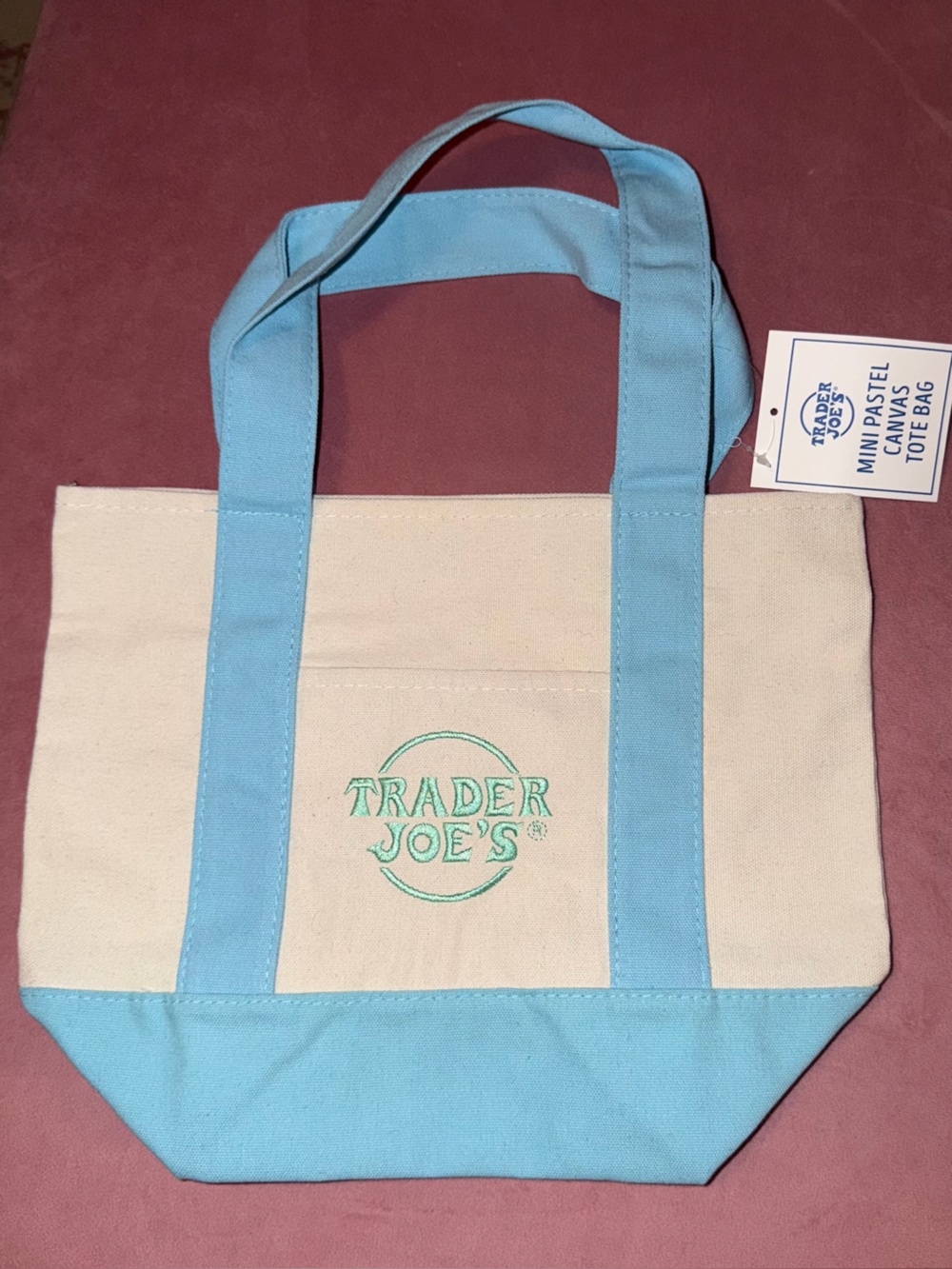 Trader Joe's Canvas Tote Bag in Light Blue and Cream